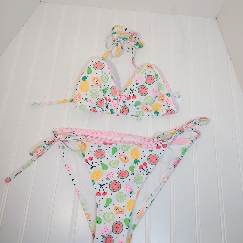 Wild Fable Fruit‎ Print Swim Set White Pink Scalloped Trim Small Tropical Beach
